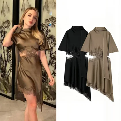 Vestido We-femme Mini de Cetim com Renda,  Assimétrico